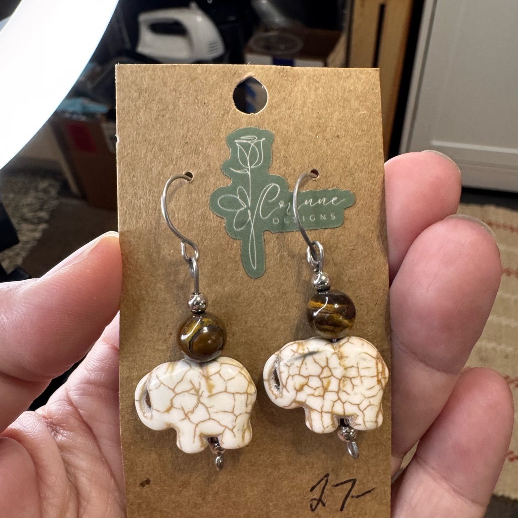 Bohemian White And Brown Elephant Earrings With Rustic Charm